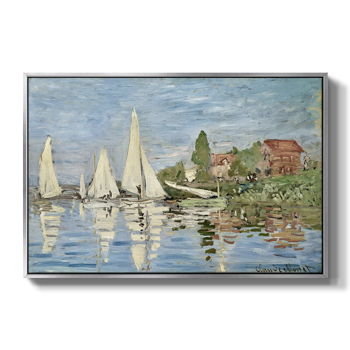 Regatta at Argenteuil, 1872 by Claude Monet in a silver floater framed canvas wall art display.