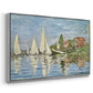Angled view of Regatta at Argenteuil, 1872 by Claude Monet in a silver floater framed canvas.
