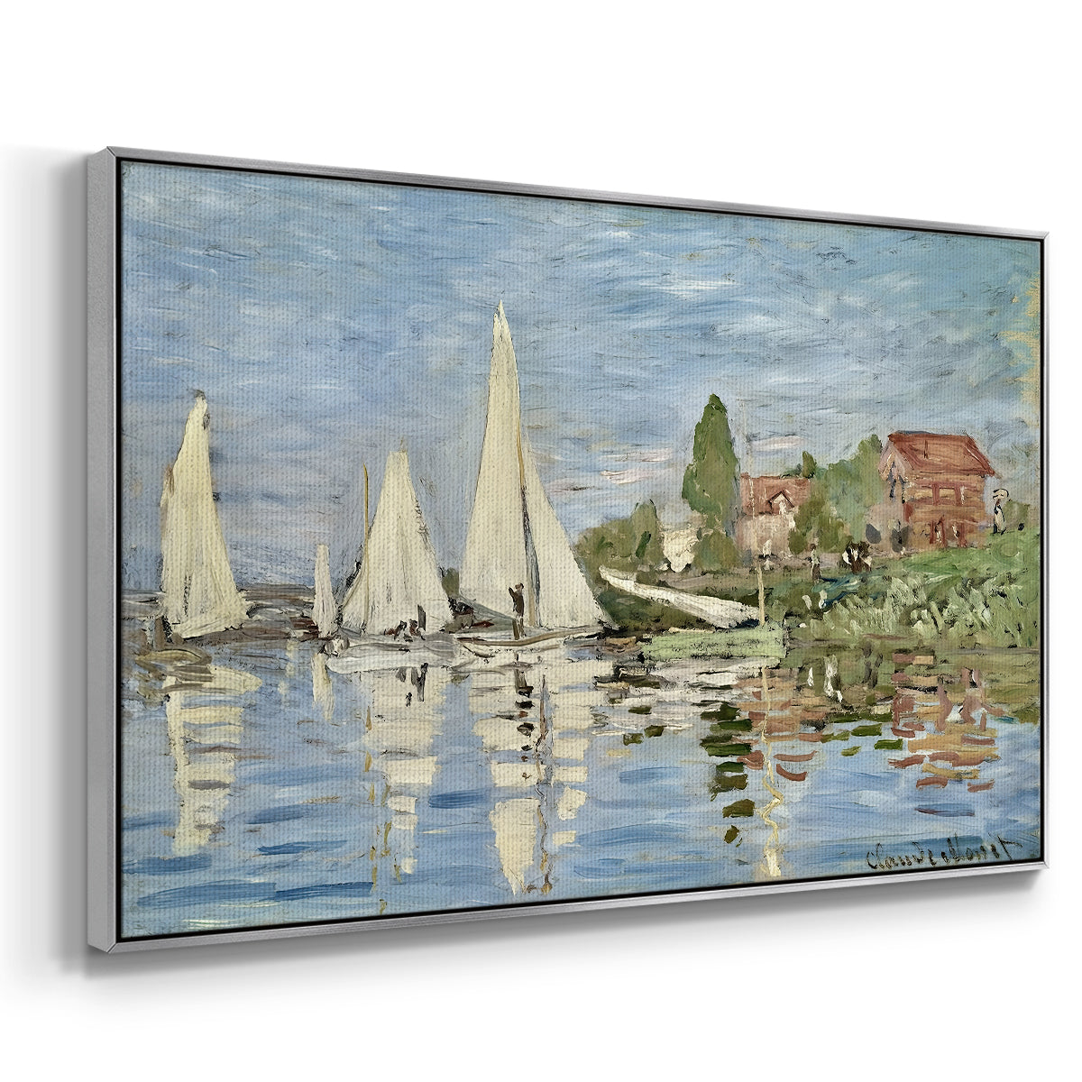 Angled view of Regatta at Argenteuil, 1872 by Claude Monet in a silver floater framed canvas.