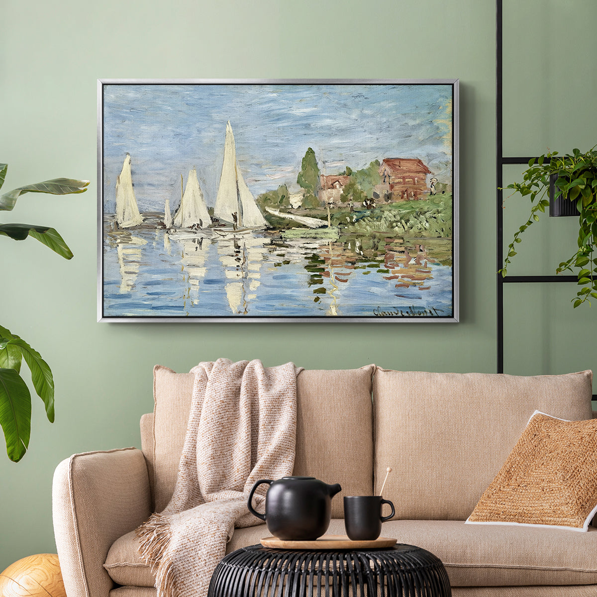 Silver floater framed canvas featuring a dynamic nautical scene with boats moving across river, displayed above a sofa in a modern living room.