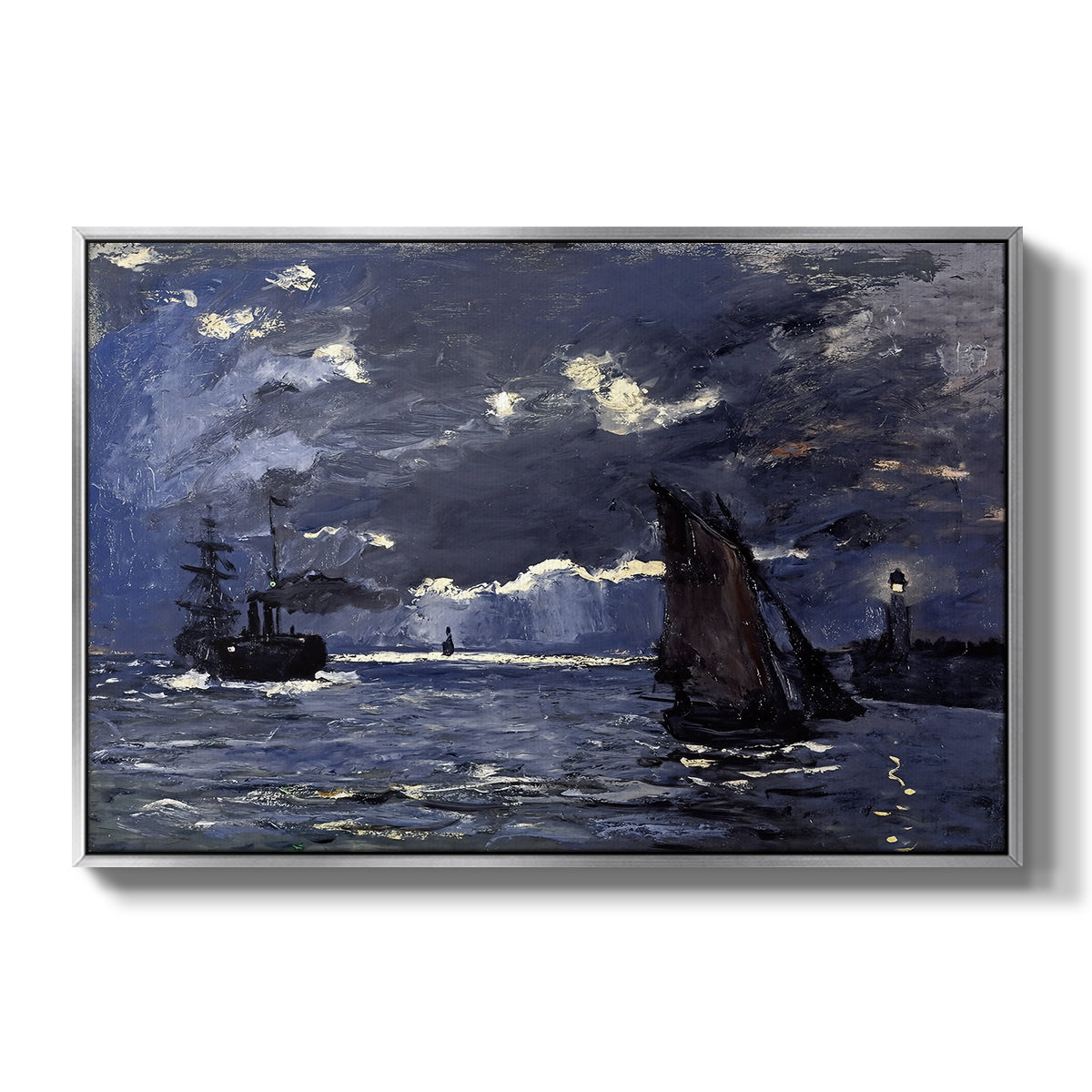 A Seascape, Shipping by Moonlight, 1864 by Claude Monet in a silver floater framed canvas wall art display.
