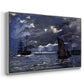 Angled view of A Seascape, Shipping by Moonlight, 1864 by Claude Monet in a silver floater framed canvas.