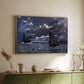 Silver floater framed canvas of A Seascape, Shipping by Moonlight, 1864 by Claude Monet, featuring a nocturnal seascape with boats silhouetted against glowing moon above a sideboard in a softly lit hallway.