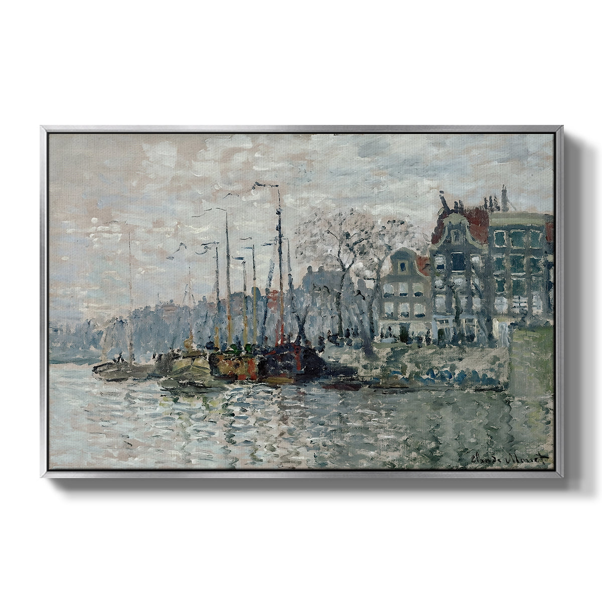 View of the Prins Hendrikkade and Kromme Waal in Amsterdam, 1874 by Claude Monet in a silver floater framed canvas wall art display.