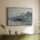 Silver floater framed canvas of View of the Prins Hendrikkade and Kromme Waal in Amsterdam, 1874 by Claude Monet, featuring an impressionist cityscape of canal with ships and architecture above a sideboard in a softly lit hallway.