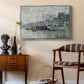 View of the Prins Hendrikkade and Kromme Waal in Amsterdam, 1874 by Claude Monet as a silver floater framed canvas featuring an urban waterway with docked boats and European buildings, styled above a mid-century console in a contemporary living area.