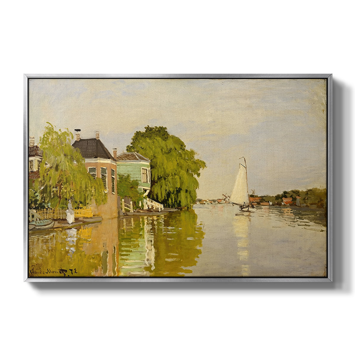 Houses on the Achterzaan, 1871 by Claude Monet in a silver floater framed canvas wall art display.
