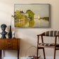 Houses on the Achterzaan, 1871 by Claude Monet as a silver floater framed canvas featuring an impressionist landscape with buildings along quiet canal, styled above a mid-century console in a contemporary living area.