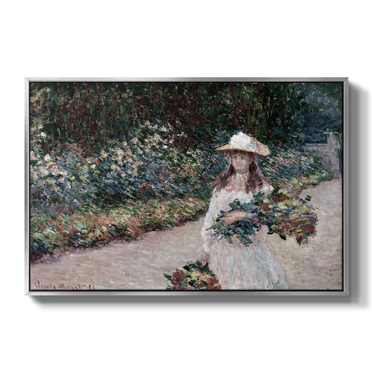 Young Girl in the Garden at Giverny, 1888 by Claude Monet in a silver floater framed canvas wall art display.