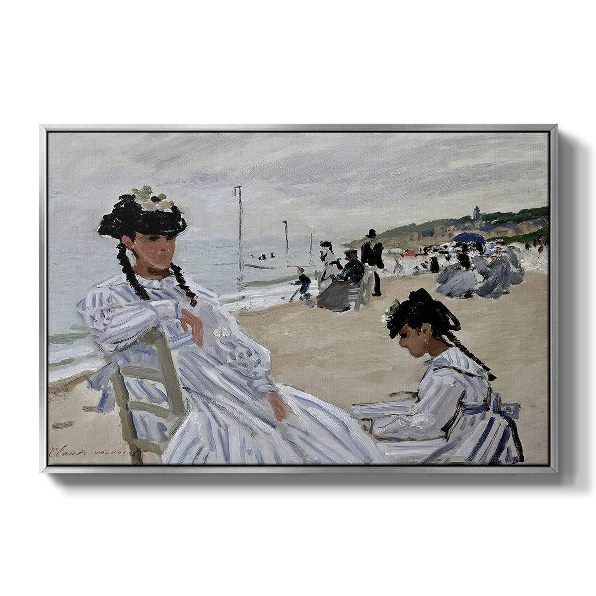 On the Beach at Trouville, 1870 by Claude Monet in a silver floater framed canvas wall art display.