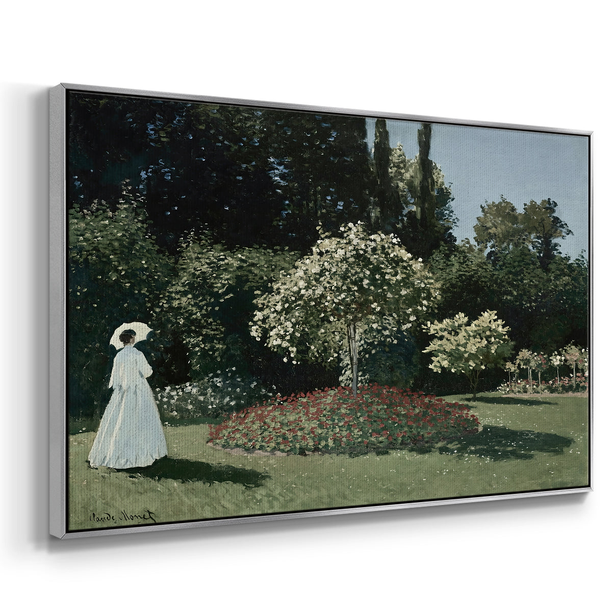 Angled view of Woman in the Garden, Sainte-Adresse, 1867 by Claude Monet in a silver floater framed canvas.