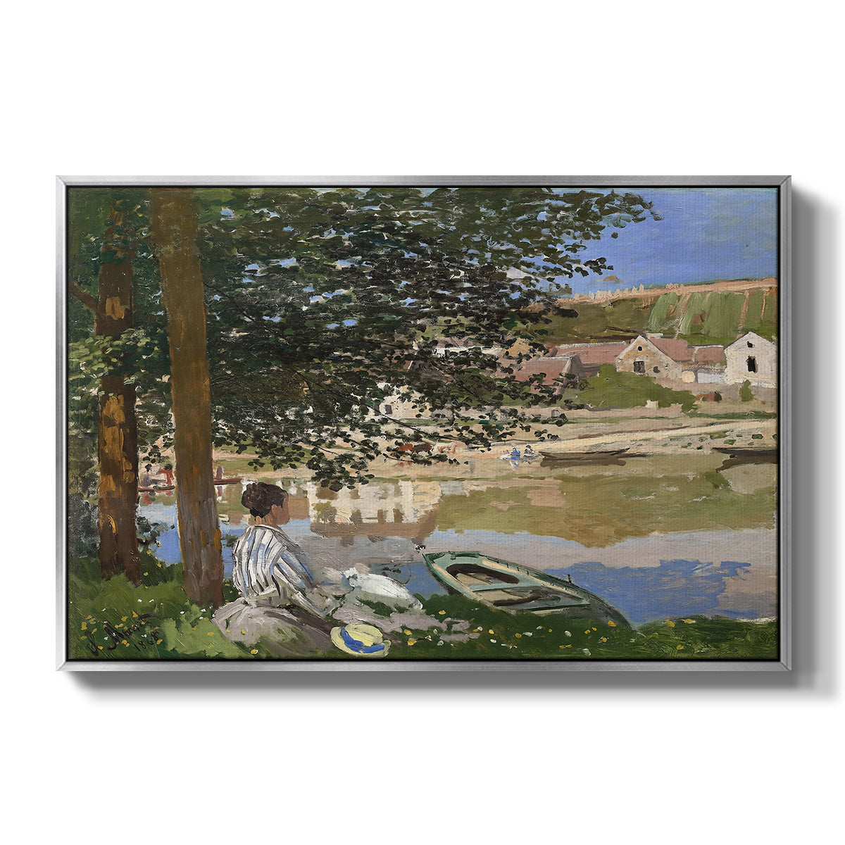 On the Bank of the Seine, Bennecourt, 1868 by Claude Monet in a silver floater framed canvas wall art display.
