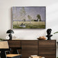 Summer (L'ete), 1874 by Claude Monet displayed in a silver floater framed canvas above a dark wood credenza in an entryway.