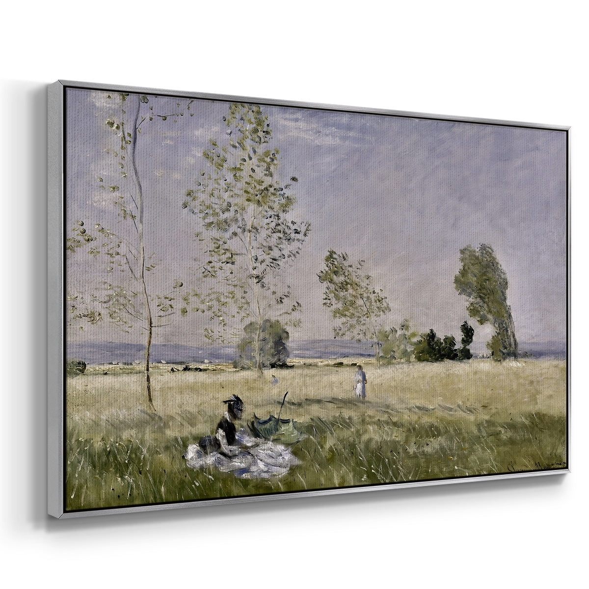 Angled view of Summer (L'ete), 1874 by Claude Monet in a silver floater framed canvas.
