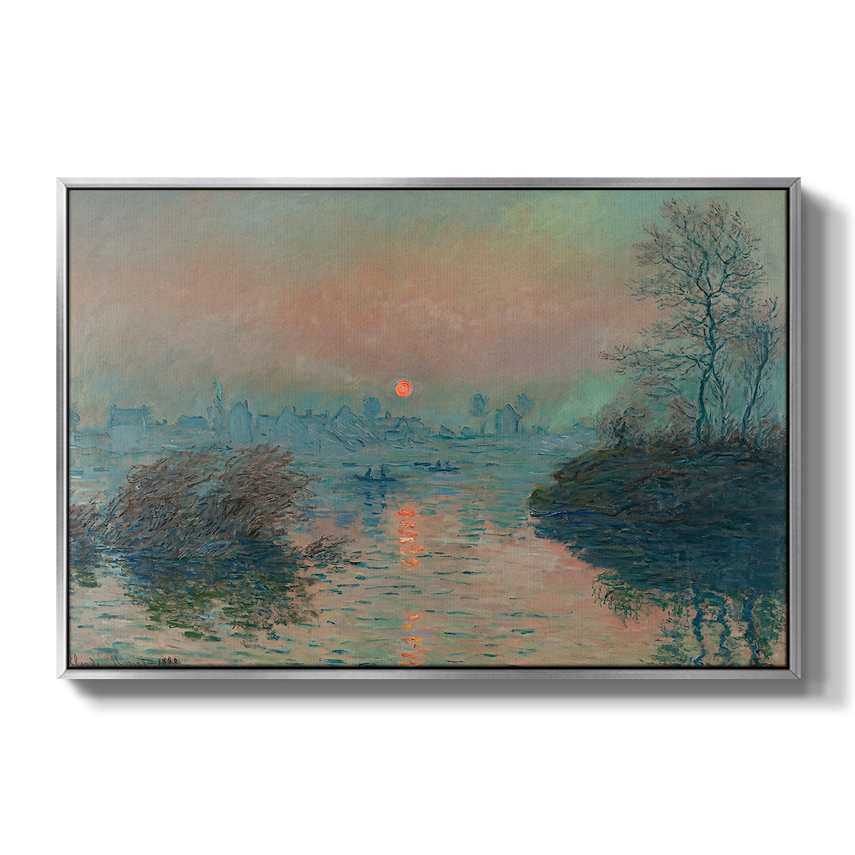 Sunset on the Seine at Lavacourt, Winter Effect, 1880 by Claude Monet in a silver floater framed canvas wall art display.