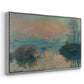 Angled view of Sunset on the Seine at Lavacourt, Winter Effect, 1880 by Claude Monet in a silver floater framed canvas.