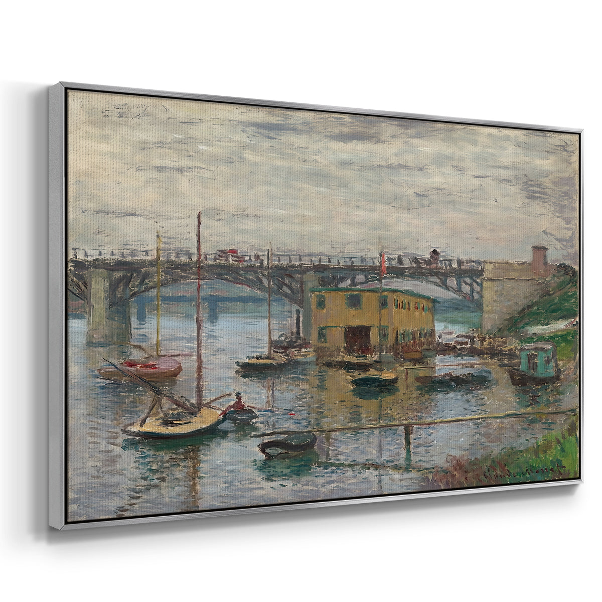 Angled view of Bridge at Argenteuil on a Gray Day, c. 1876 by Claude Monet in a silver floater framed canvas.