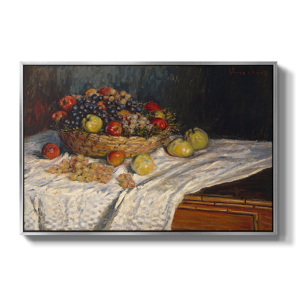 Still Life with Apples and Grapes, 1880 by Claude Monet in a silver floater framed canvas wall art display.