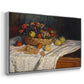 Angled view of Still Life with Apples and Grapes, 1880 by Claude Monet in a silver floater framed canvas.