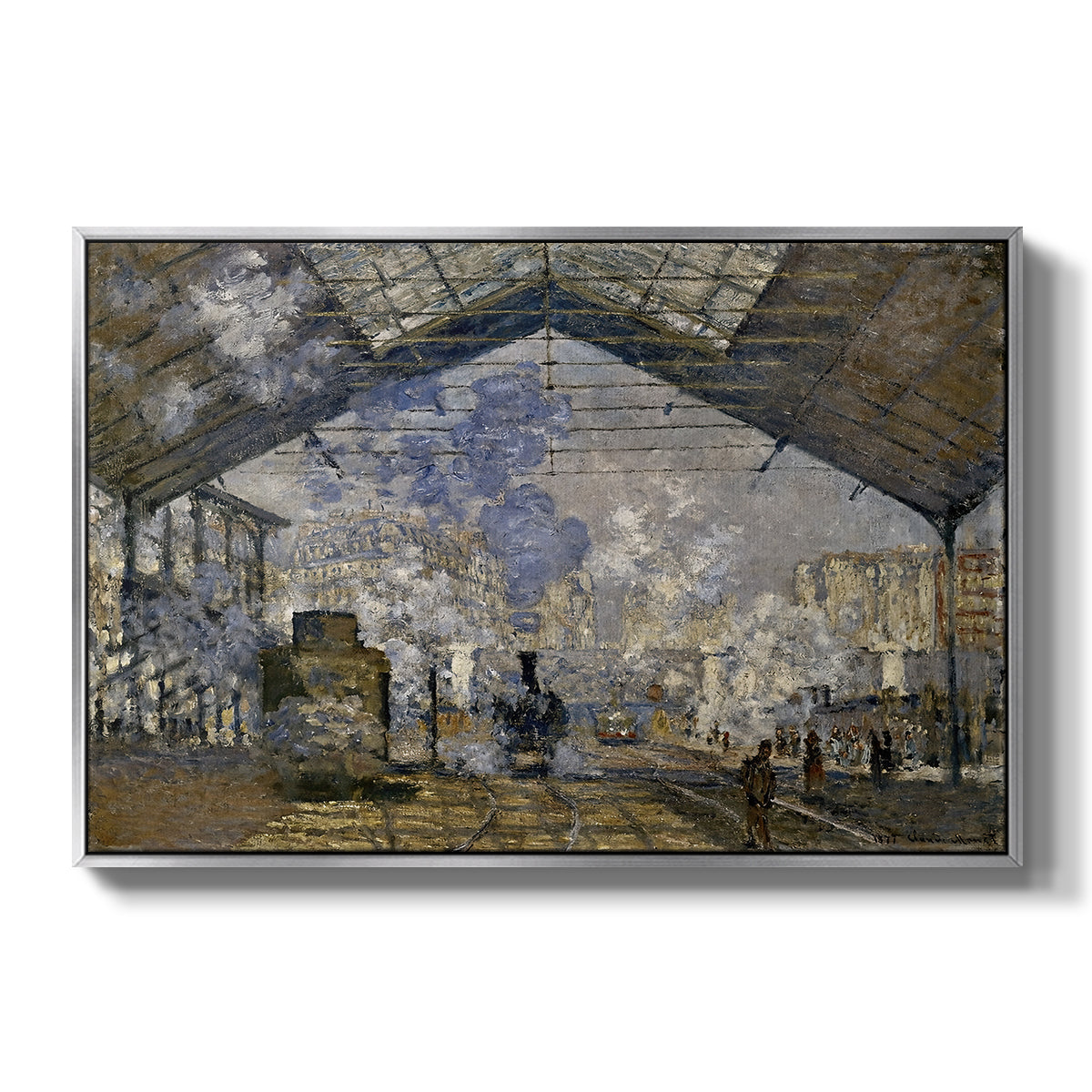 The Gare Saint-Lazare, 1877 by Claude Monet in a silver floater framed canvas wall art display.