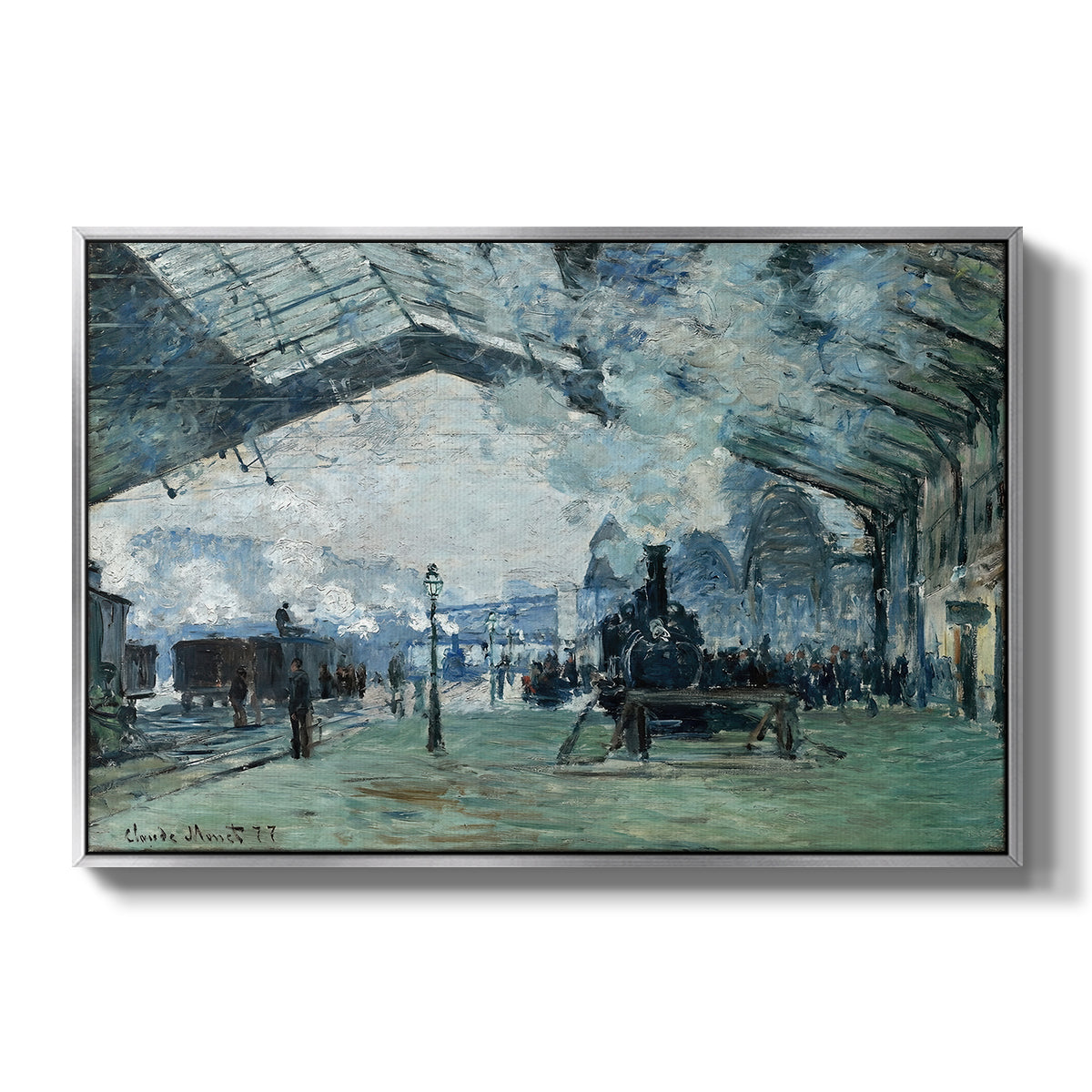 The Saint-Lazare Station, 1877 by Claude Monet in a silver floater framed canvas wall art display.
