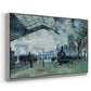 Angled view of The Saint-Lazare Station, 1877 by Claude Monet in a silver floater framed canvas.