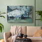 Silver floater framed canvas featuring a dramatic depiction of industrial space with trains and light, displayed above a sofa in a modern living room.