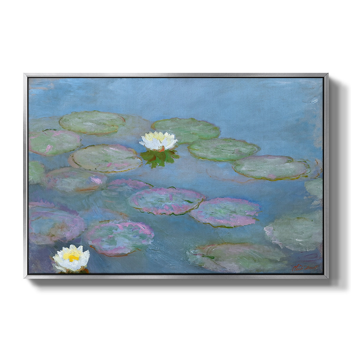 Water Lilies (Nymphéas), 1897-1899 by Claude Monet in a silver floater framed canvas wall art display.