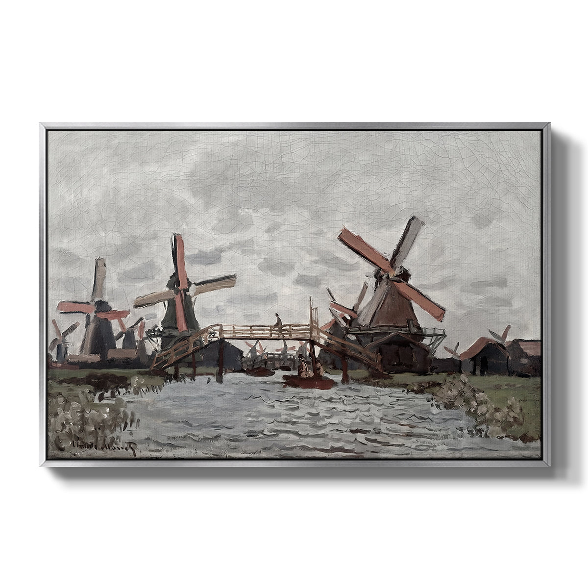 Windmills near Zaandam, 1871 by Claude Monet in a silver floater framed canvas wall art display.