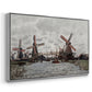 Angled view of Windmills near Zaandam, 1871 by Claude Monet in a silver floater framed canvas.