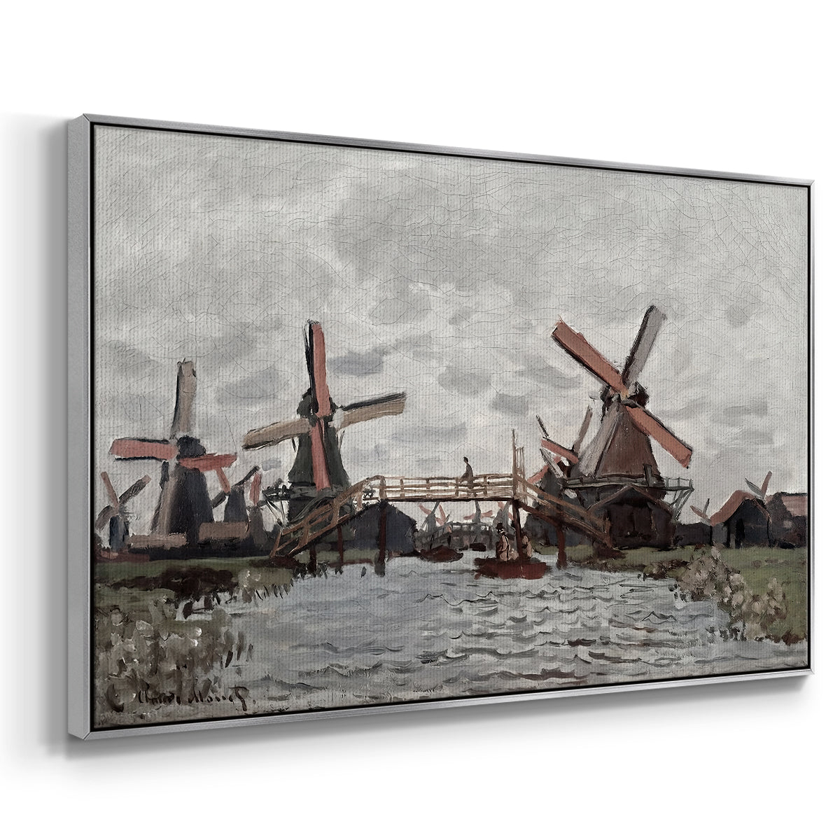 Angled view of Windmills near Zaandam, 1871 by Claude Monet in a silver floater framed canvas.