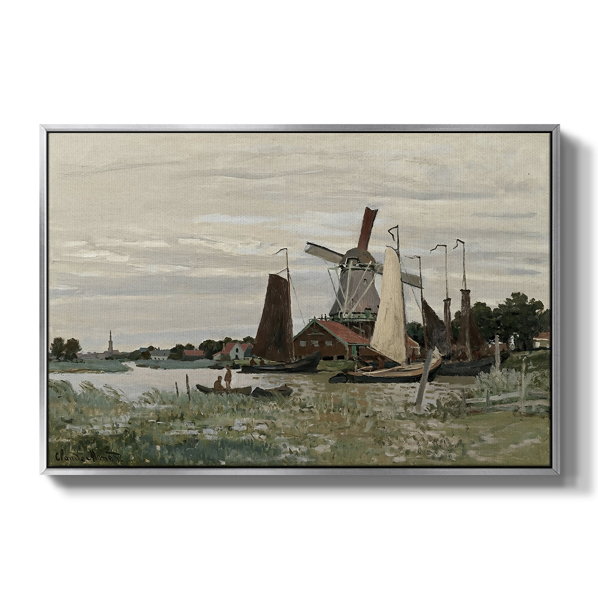 Windmill at Zaandam, 1871 by Claude Monet in a silver floater framed canvas wall art display.