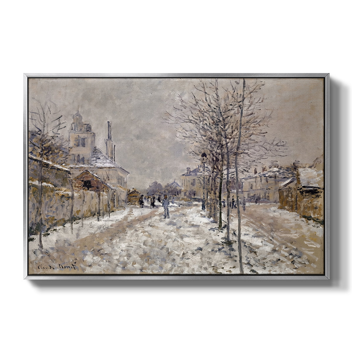 The Boulevard de Pontoise at Argenteuil, Snow Effect, 1875 by Claude Monet in a silver floater framed canvas wall art display.