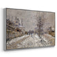 Angled view of The Boulevard de Pontoise at Argenteuil, Snow Effect, 1875 by Claude Monet in a silver floater framed canvas.