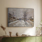 Silver floater framed canvas of The Boulevard de Pontoise at Argenteuil, Snow Effect, 1875 by Claude Monet, featuring an impressionist winter scene with road and bare trees above a sideboard in a softly lit hallway.