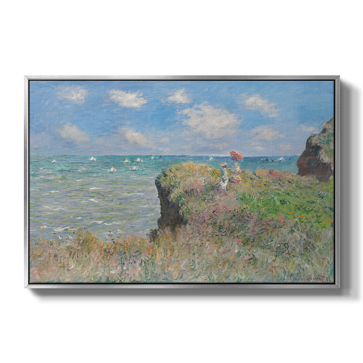 The Cliff Walk at Pourville, 1882 by Claude Monet in a silver floater framed canvas wall art display.