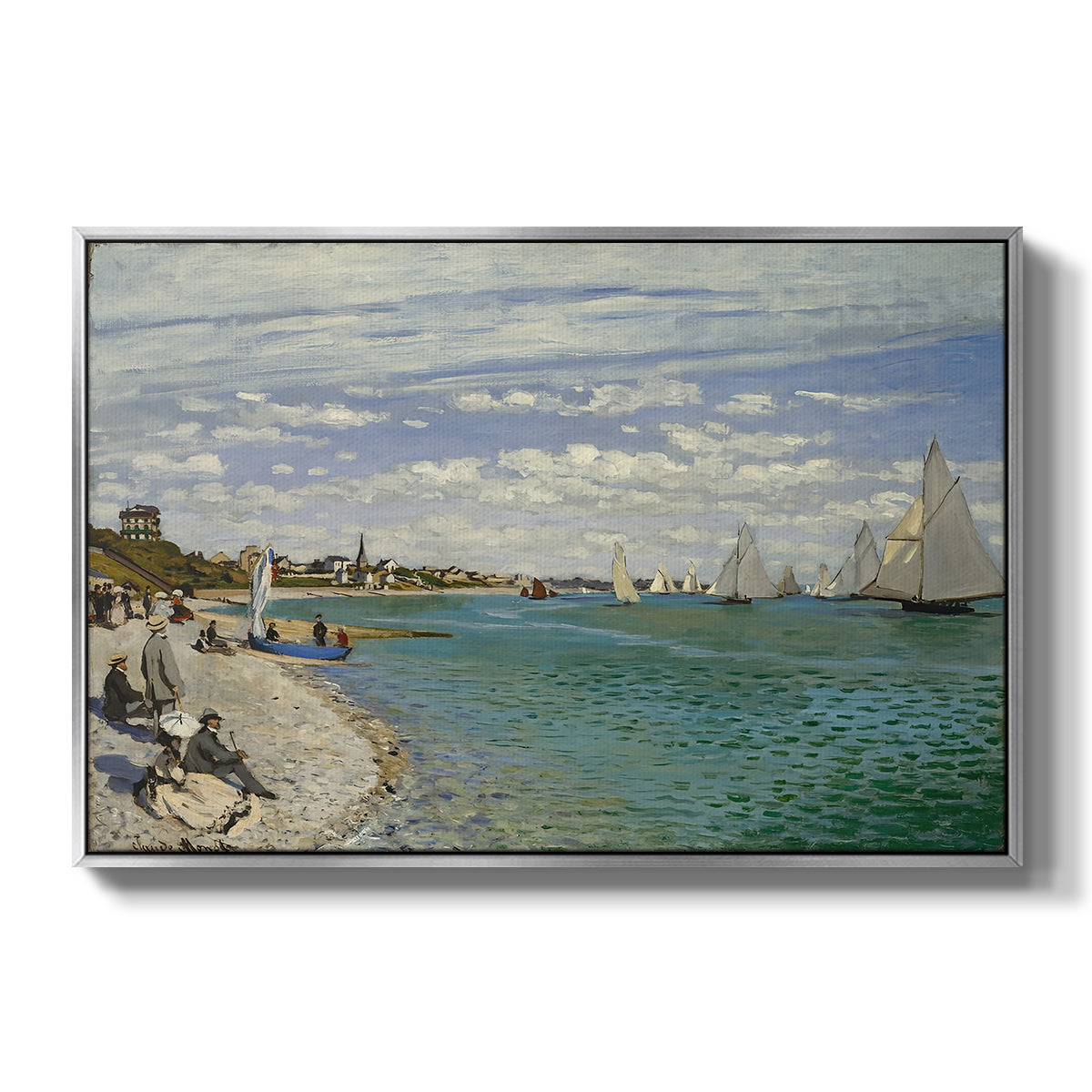 Regatta at Sainte-Adresse, 1867 by Claude Monet in a silver floater framed canvas wall art display.