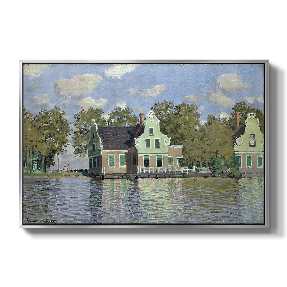 Houses on the Zaan River at Zaandam, 1871 by Claude Monet in a silver floater framed canvas wall art display.