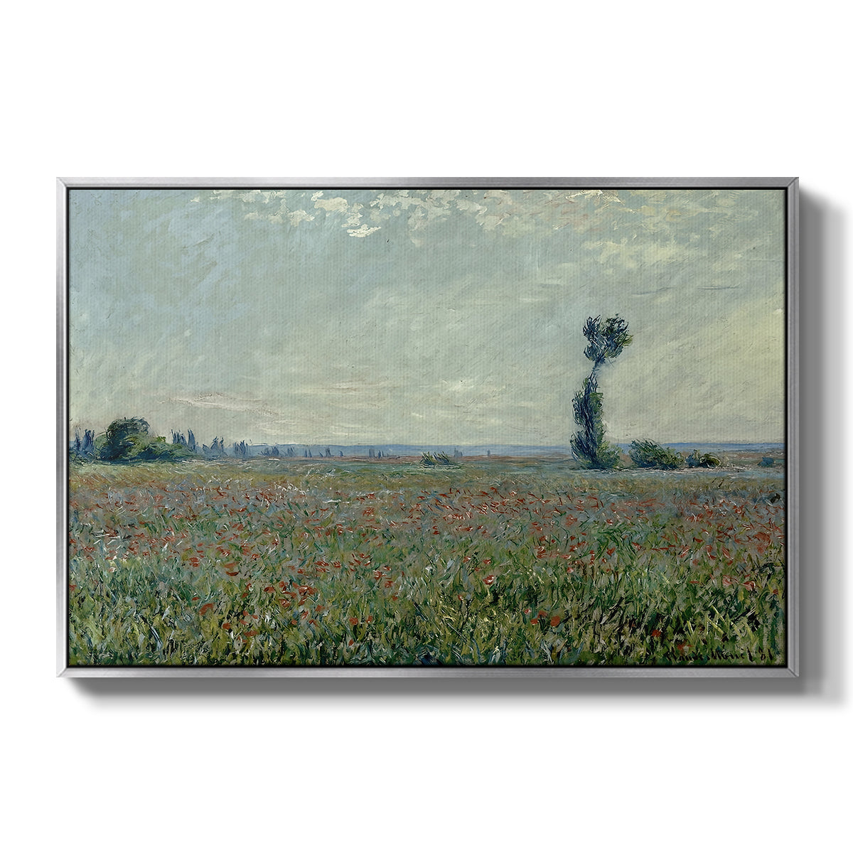 Poppy Field, 1881 by Claude Monet in a silver floater framed canvas wall art display.