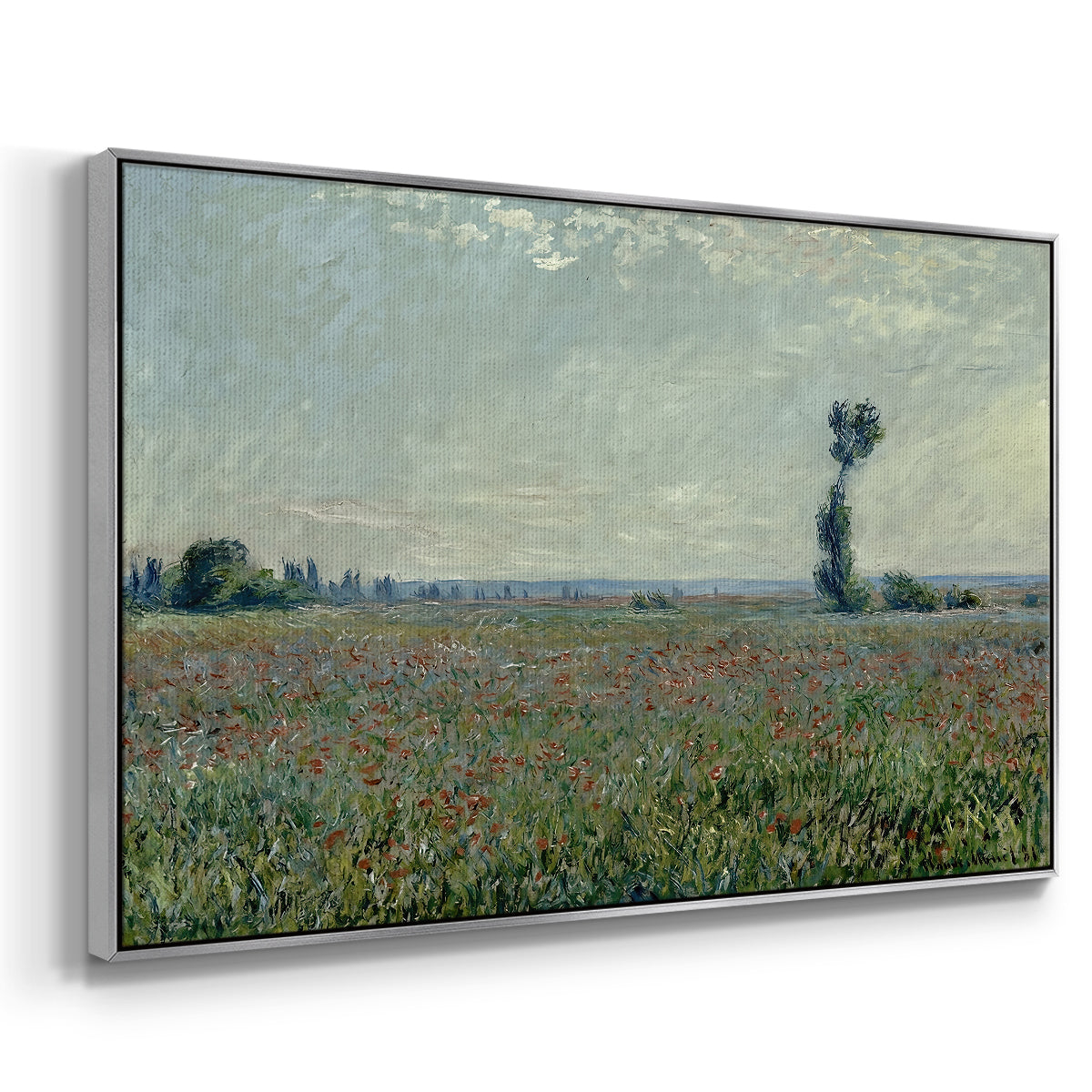 Angled view of Poppy Field, 1881 by Claude Monet in a silver floater framed canvas.