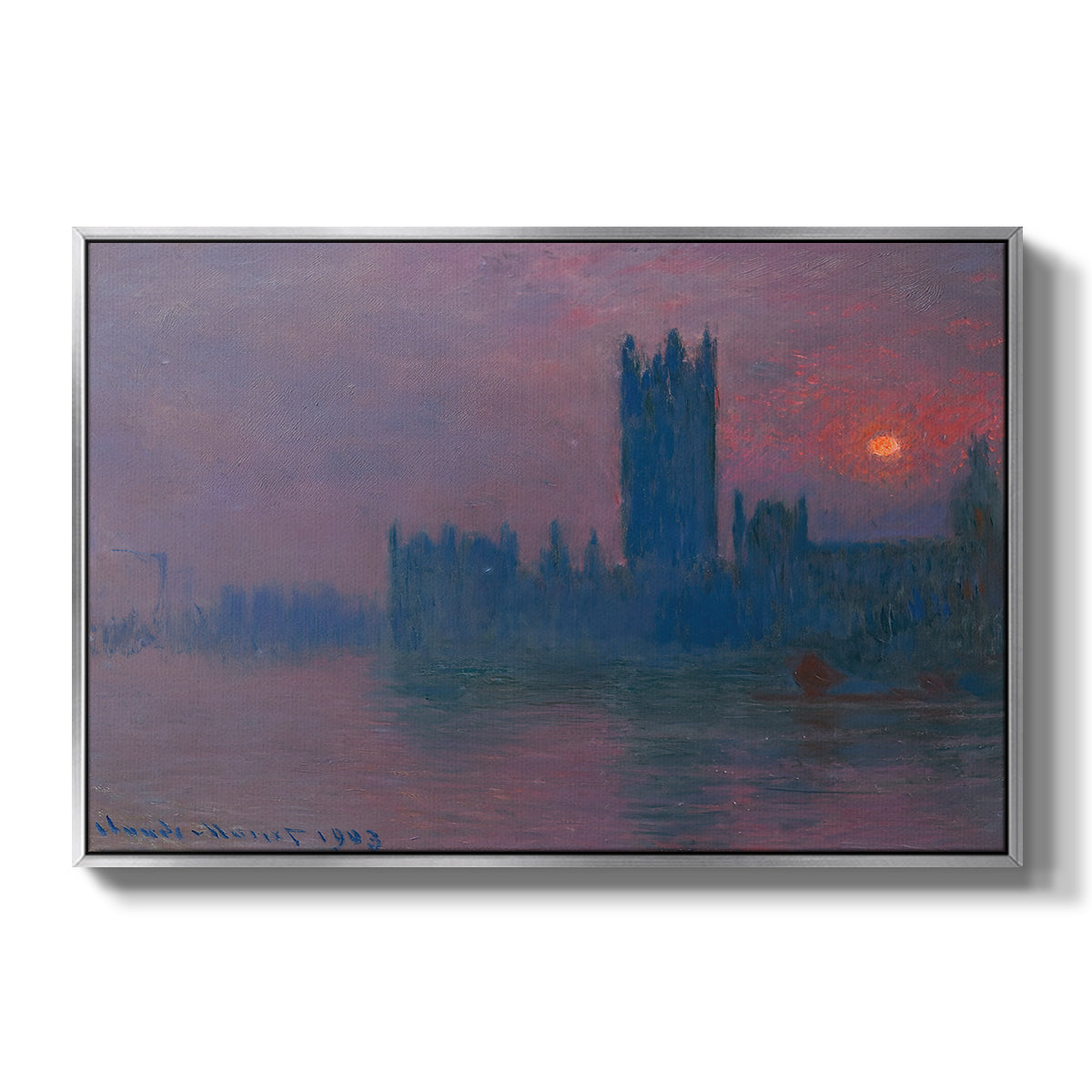 The Houses of Parliament, Sunset, 1903 by Claude Monet in a silver floater framed canvas wall art display.