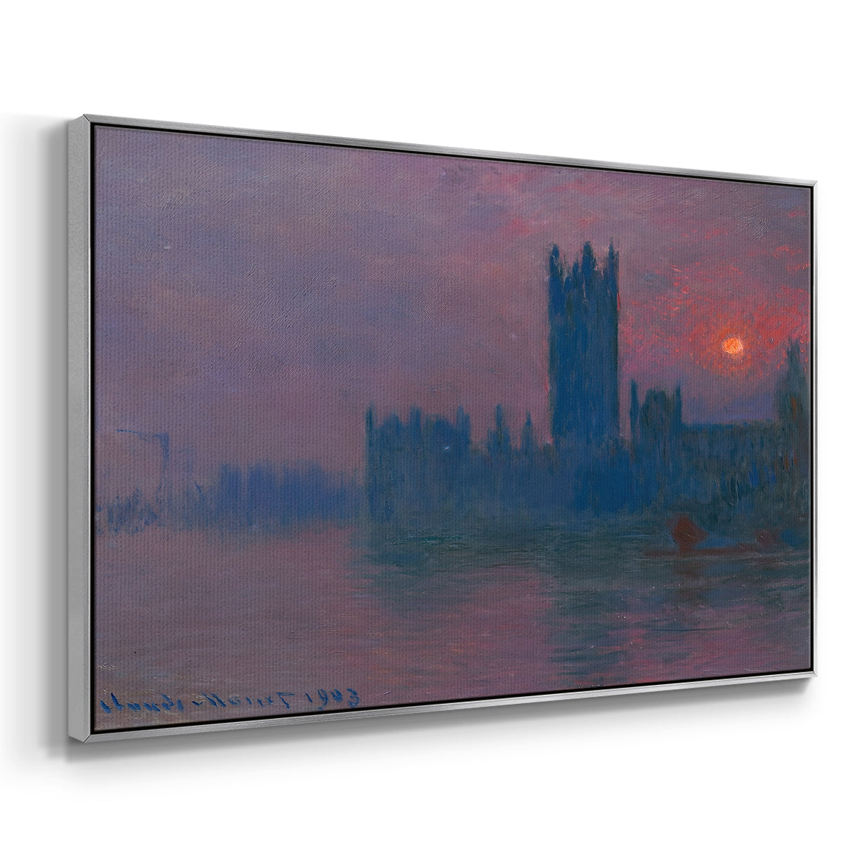 Angled view of The Houses of Parliament, Sunset, 1903 by Claude Monet in a silver floater framed canvas.