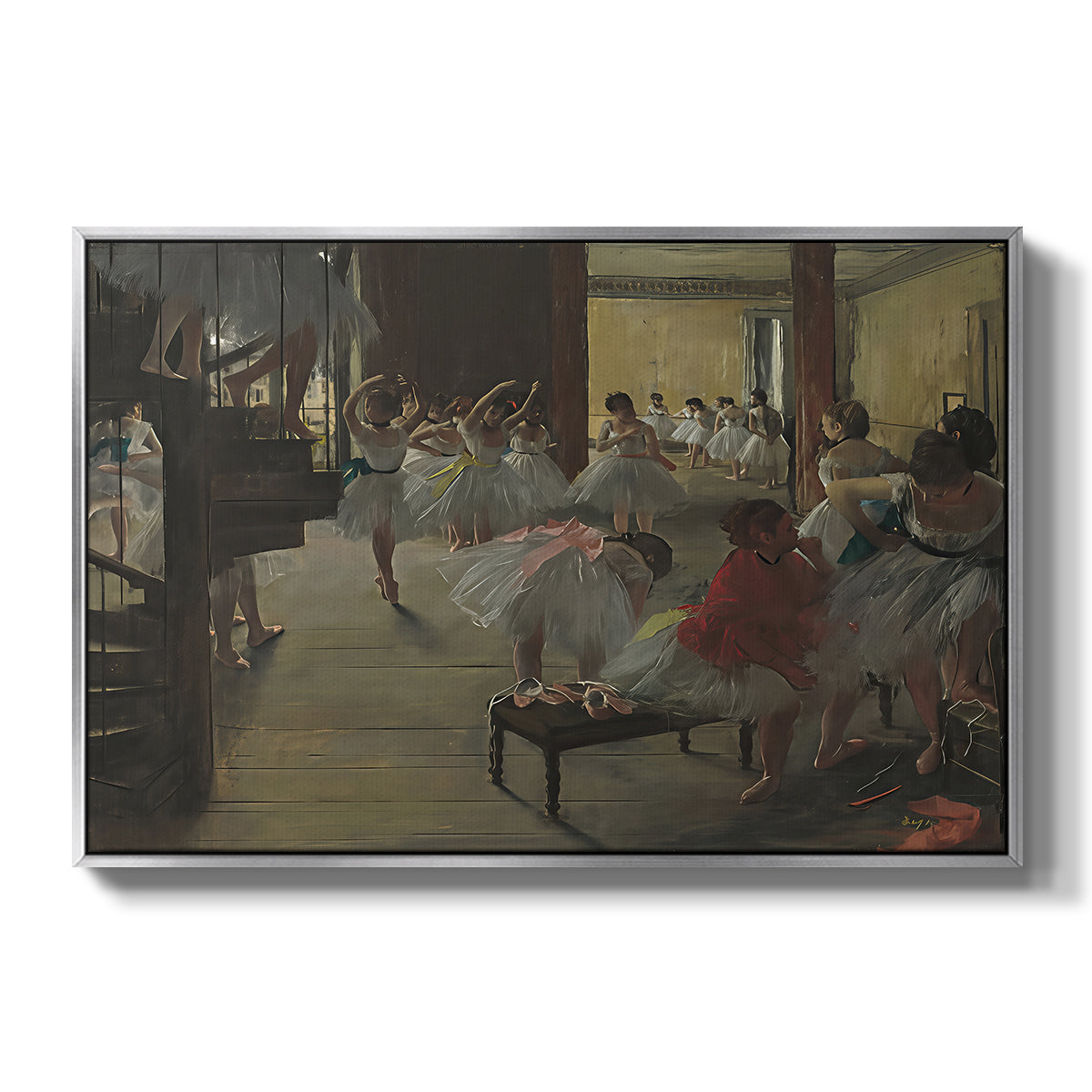 The Dance Class, c. 1873 by Edgar Degas in a silver floater framed canvas wall art display.