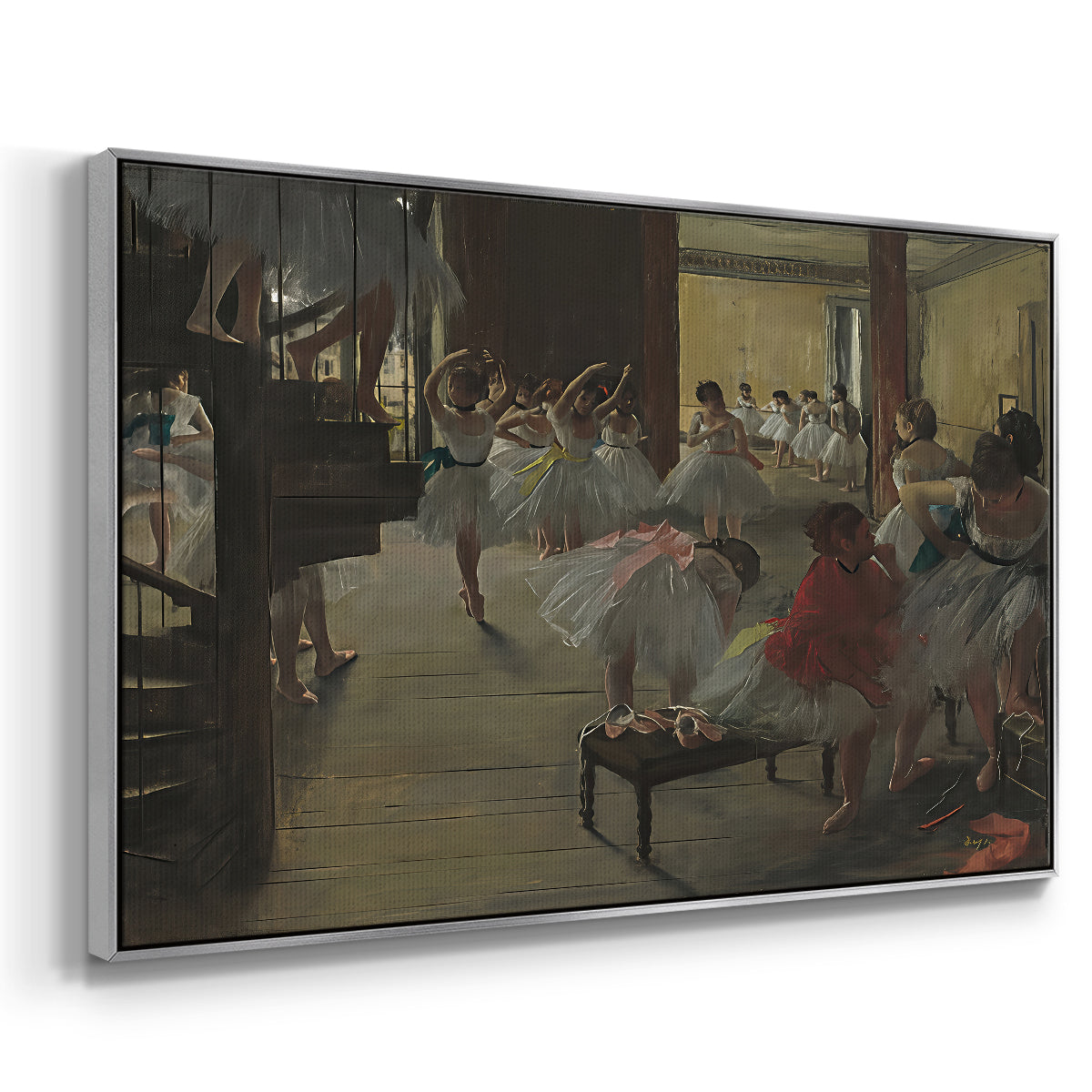 Angled view of The Dance Class, c. 1873 by Edgar Degas in a silver floater framed canvas.