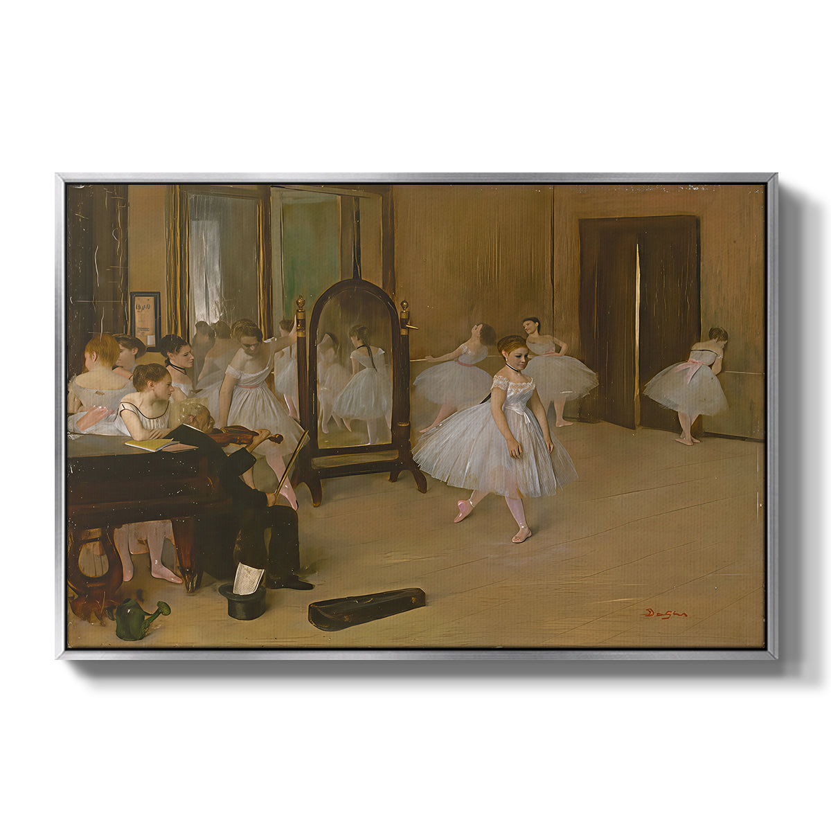 The Dancing Class, c. 1870 by Edgar Degas in a silver floater framed canvas wall art display.