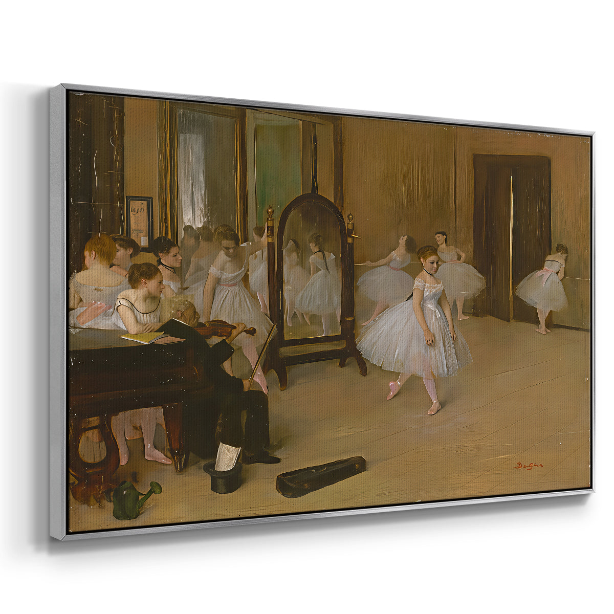 Angled view of The Dancing Class, c. 1870 by Edgar Degas in a silver floater framed canvas.