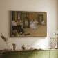 Silver floater framed canvas of The Dancing Class, c. 1870 by Edgar Degas, featuring a rehearsal scene with ballerinas in tutus arranged in studio above a sideboard in a softly lit hallway.
