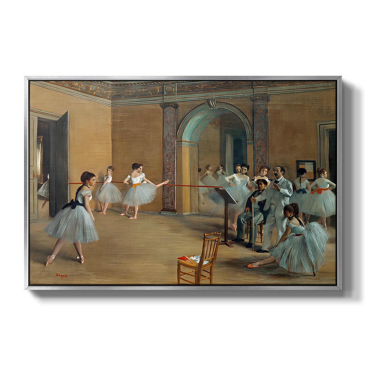 The Dance Foyer at the Opera on the Rue Le Peletier, 1872 by Edgar Degas in a silver floater framed canvas wall art display.