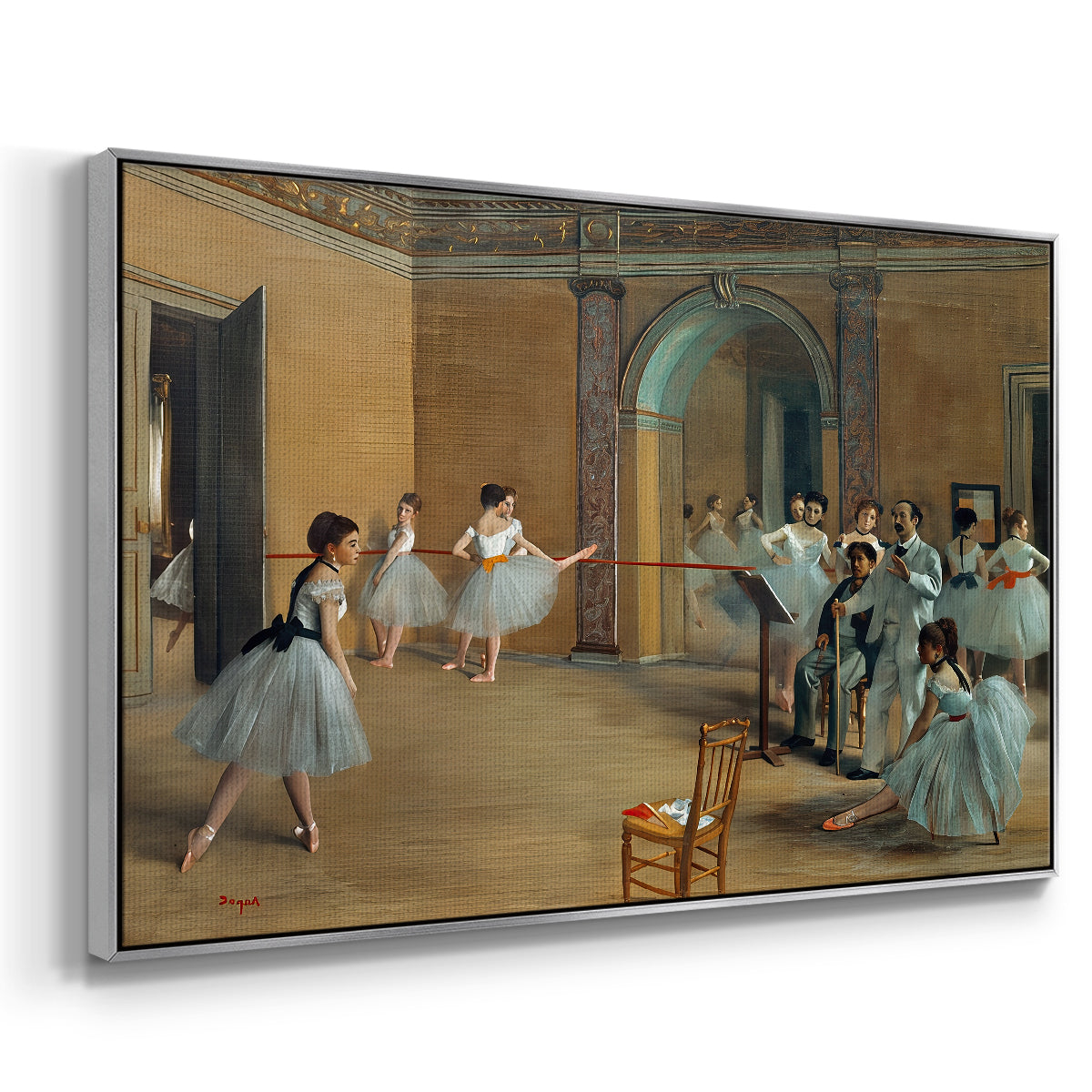 Angled view of The Dance Foyer at the Opera on the Rue Le Peletier, 1872 by Edgar Degas in a silver floater framed canvas.