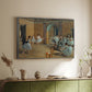 Silver floater framed canvas of The Dance Foyer at the Opera on the Rue Le Peletier, 1872 by Edgar Degas, featuring an interior scene of dancers waiting and stretching in large studio above a sideboard in a softly lit hallway.
